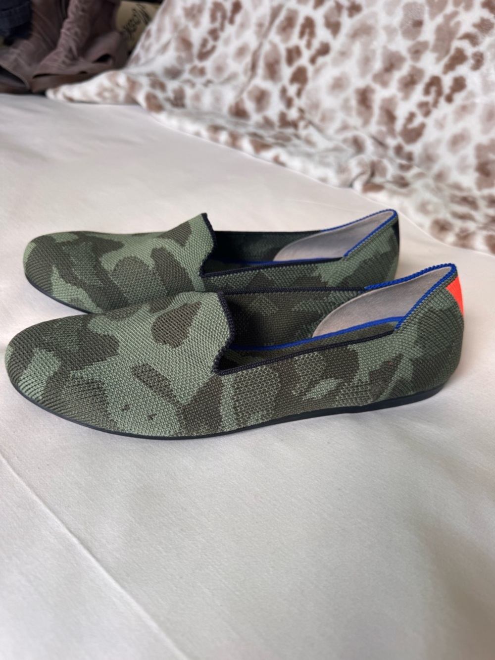 Rothy's Olive Green Camouflage Slip-On Flats with Blue Trim and Orange Heel